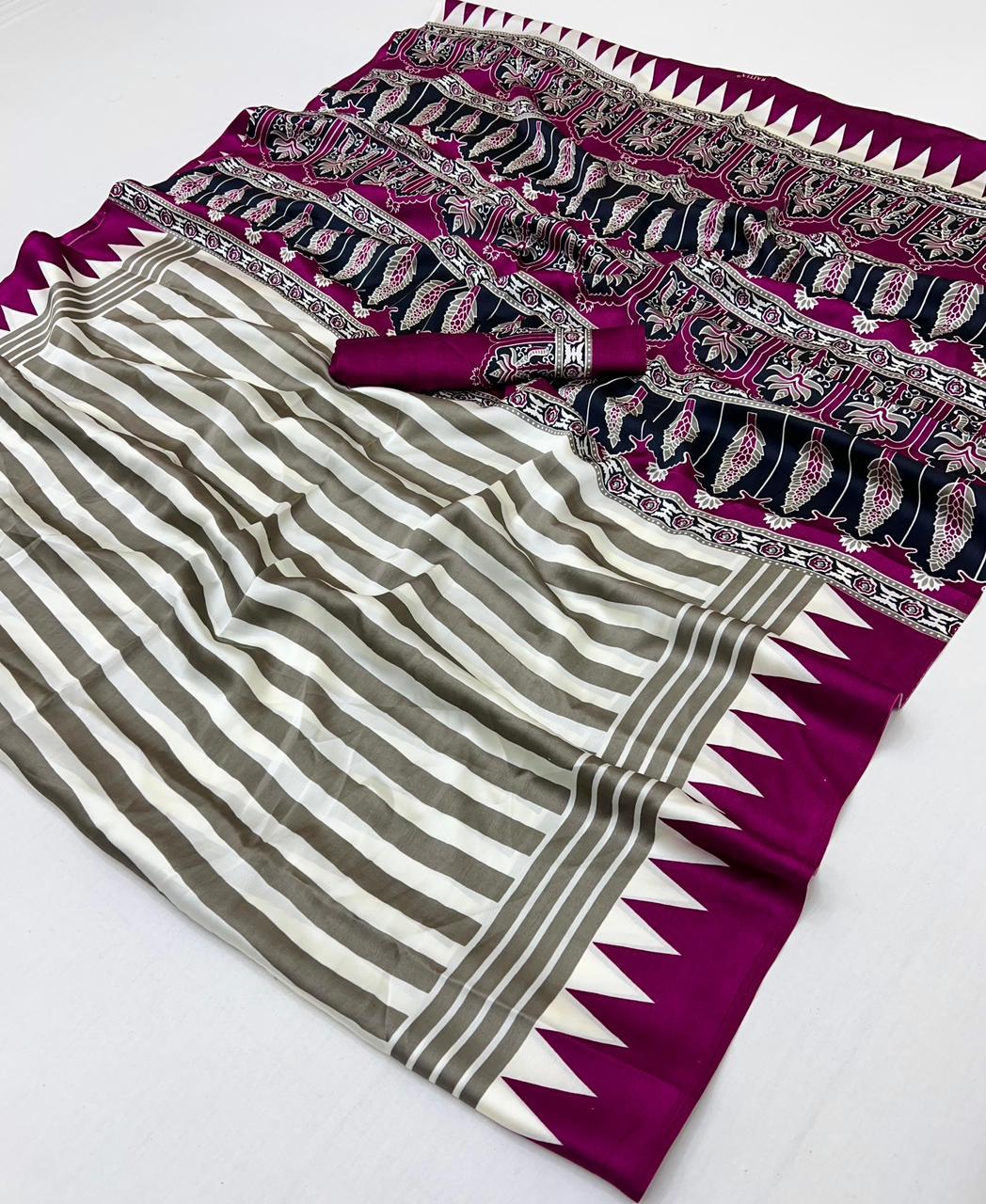 Magenta Pink Modal Satin Ajrakh Print Saree