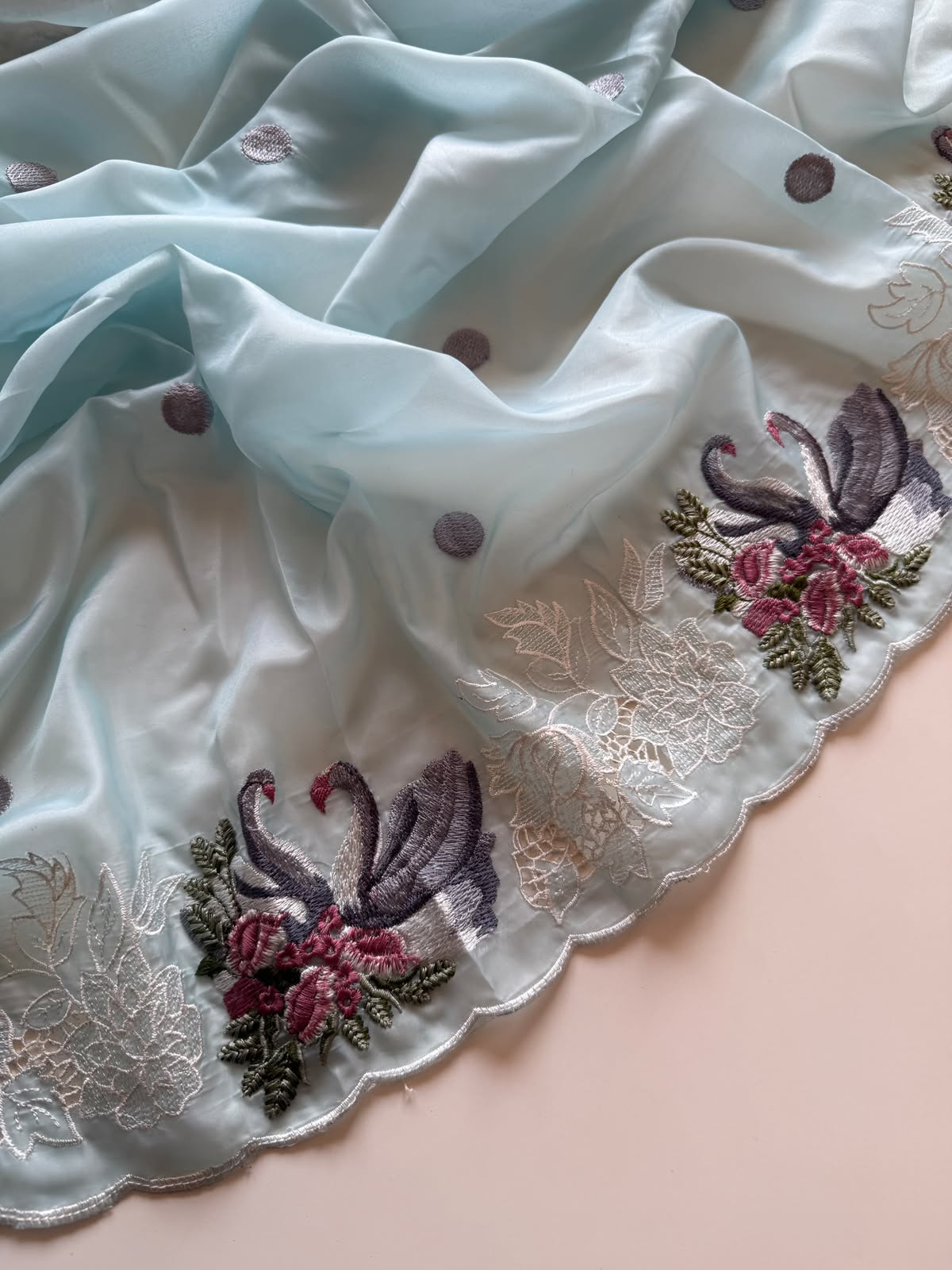 Powder Blue Swan Embroidered Crystal Tissue Saree