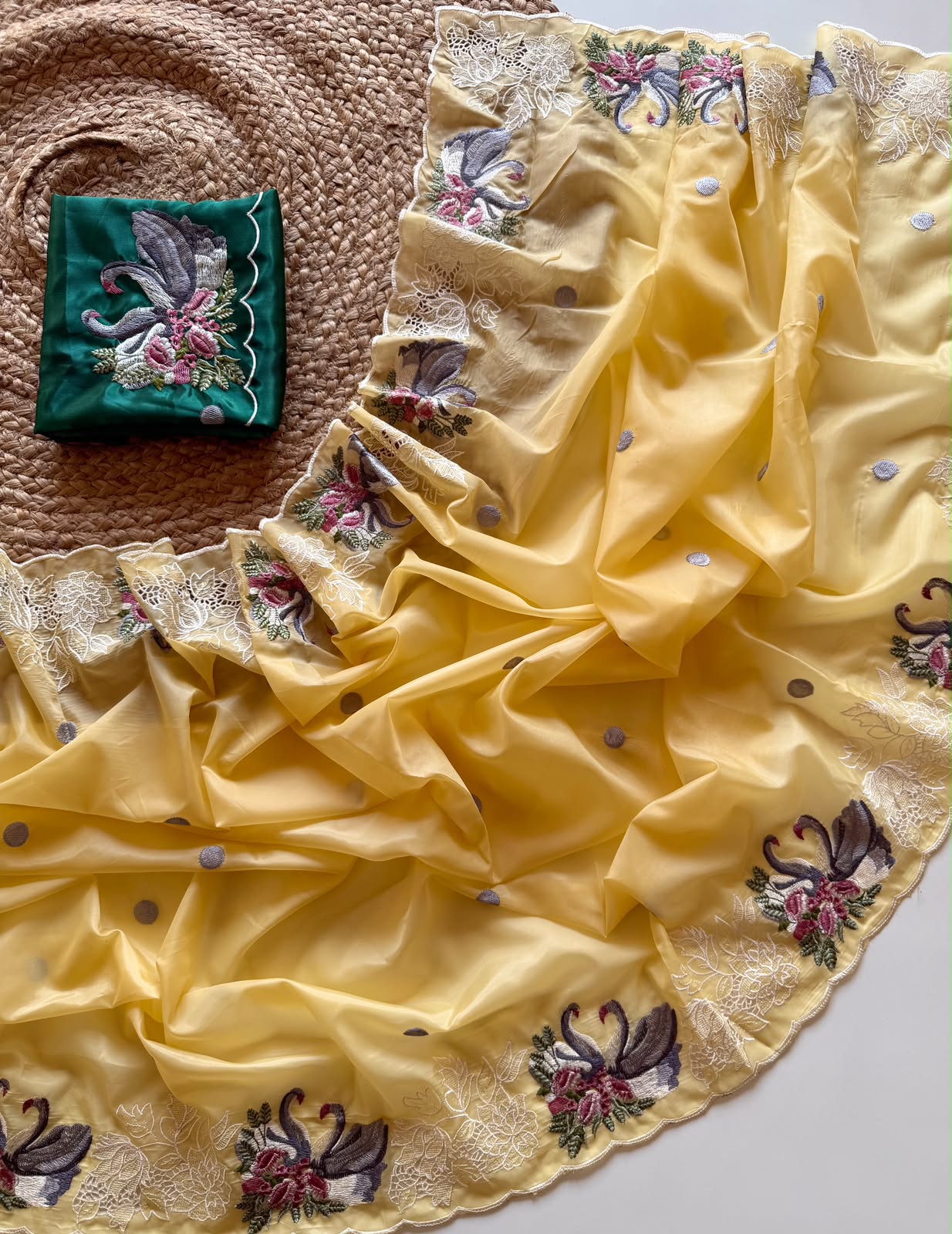 Pastel Yellow Swan Embroidered Crystal Tissue Saree