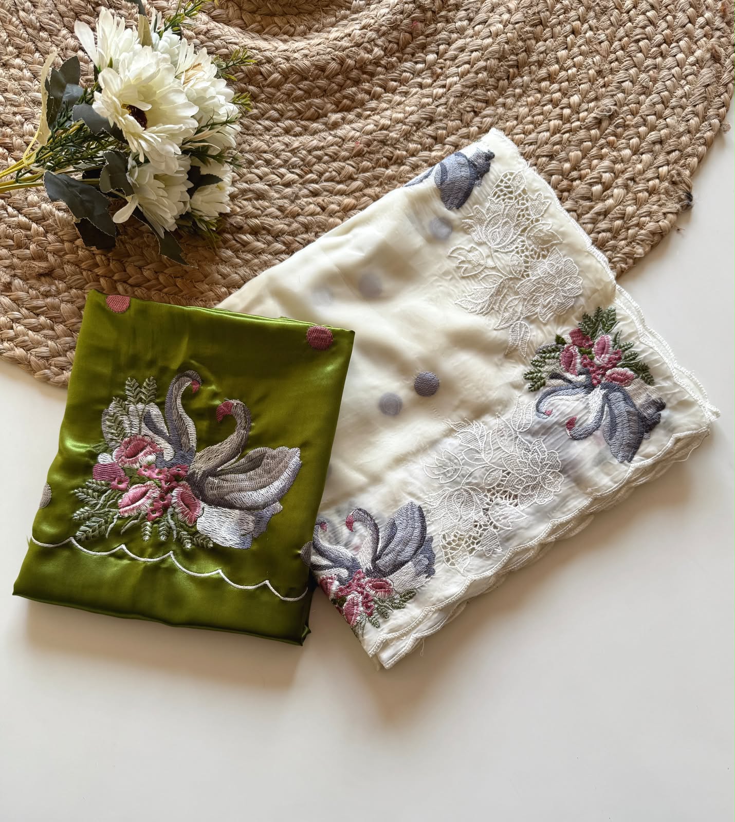 Ivory White Swan Embroidered Crystal Tissue Saree