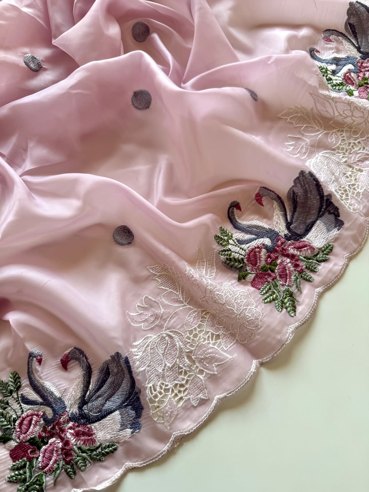 Blush Pink Swan Embroidered Crystal Tissue Saree