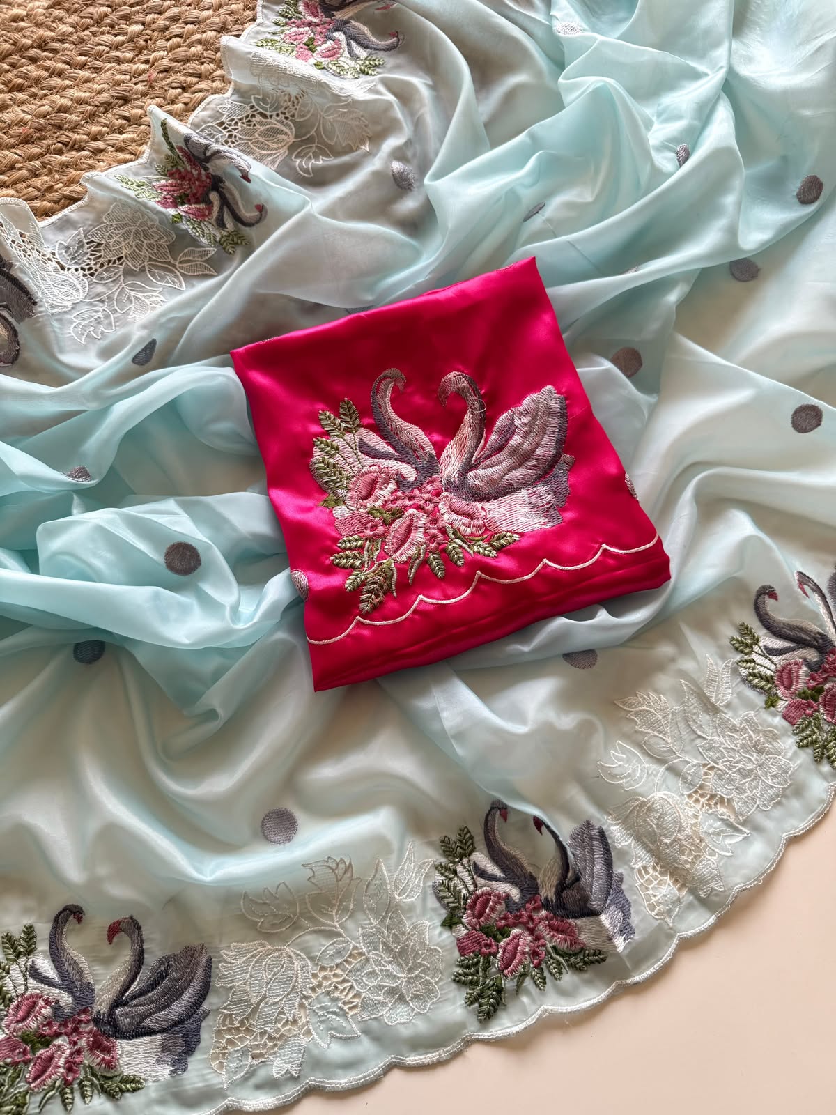Powder Blue Swan Embroidered Crystal Tissue Saree