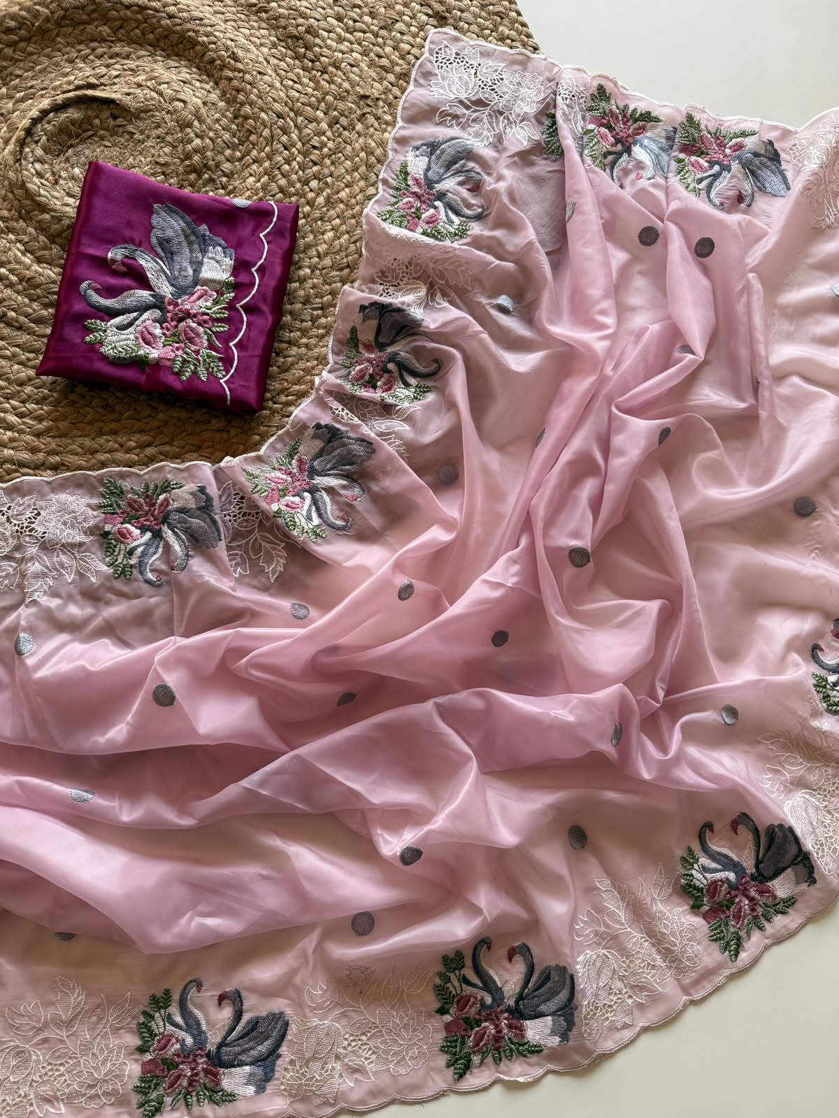 Blush Pink Swan Embroidered Crystal Tissue Saree