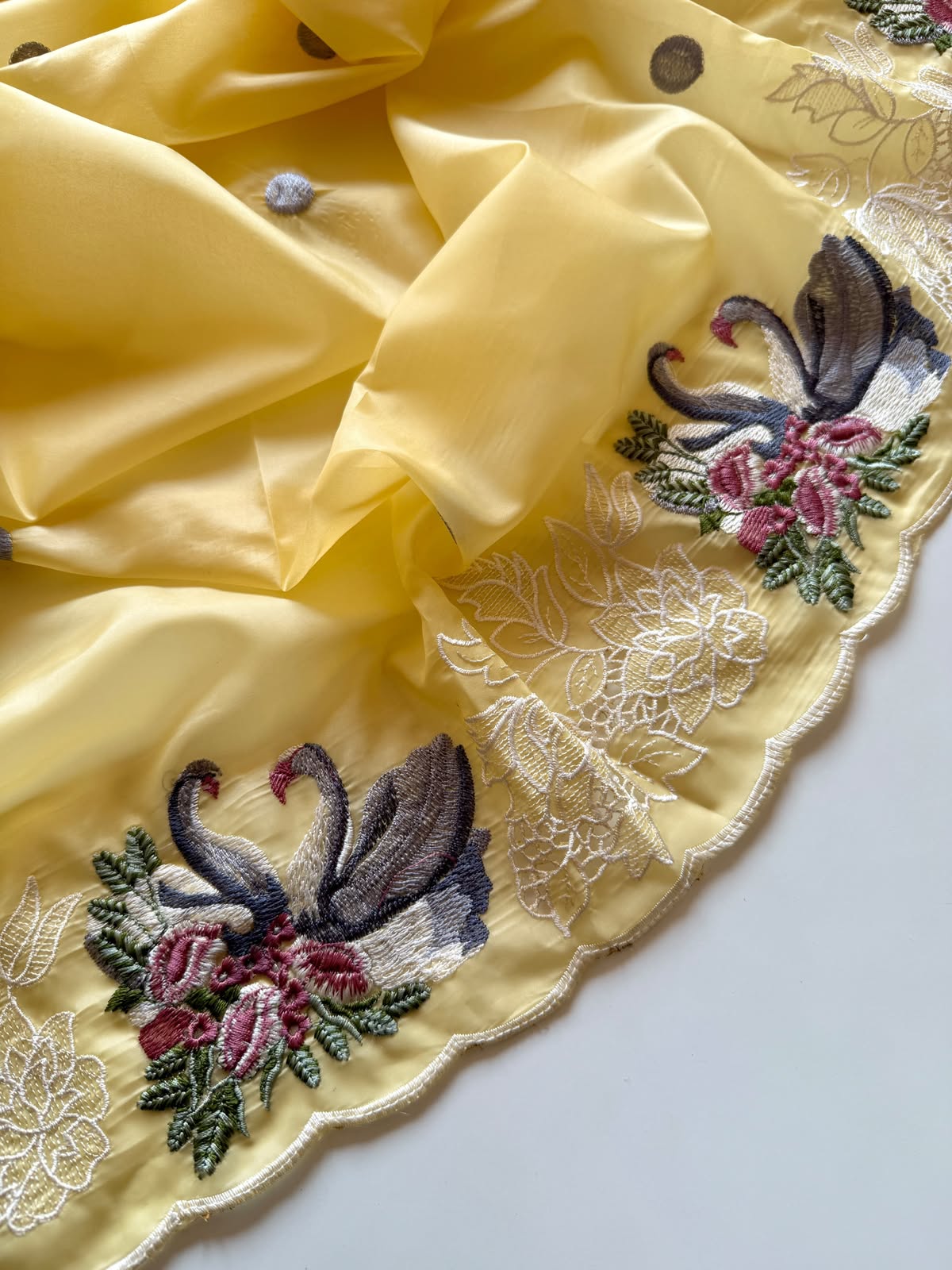 Pastel Yellow Swan Embroidered Crystal Tissue Saree