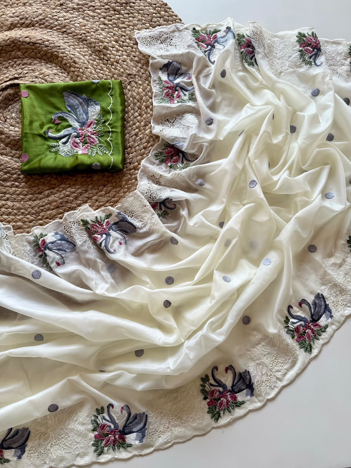 Ivory White Swan Embroidered Crystal Tissue Saree