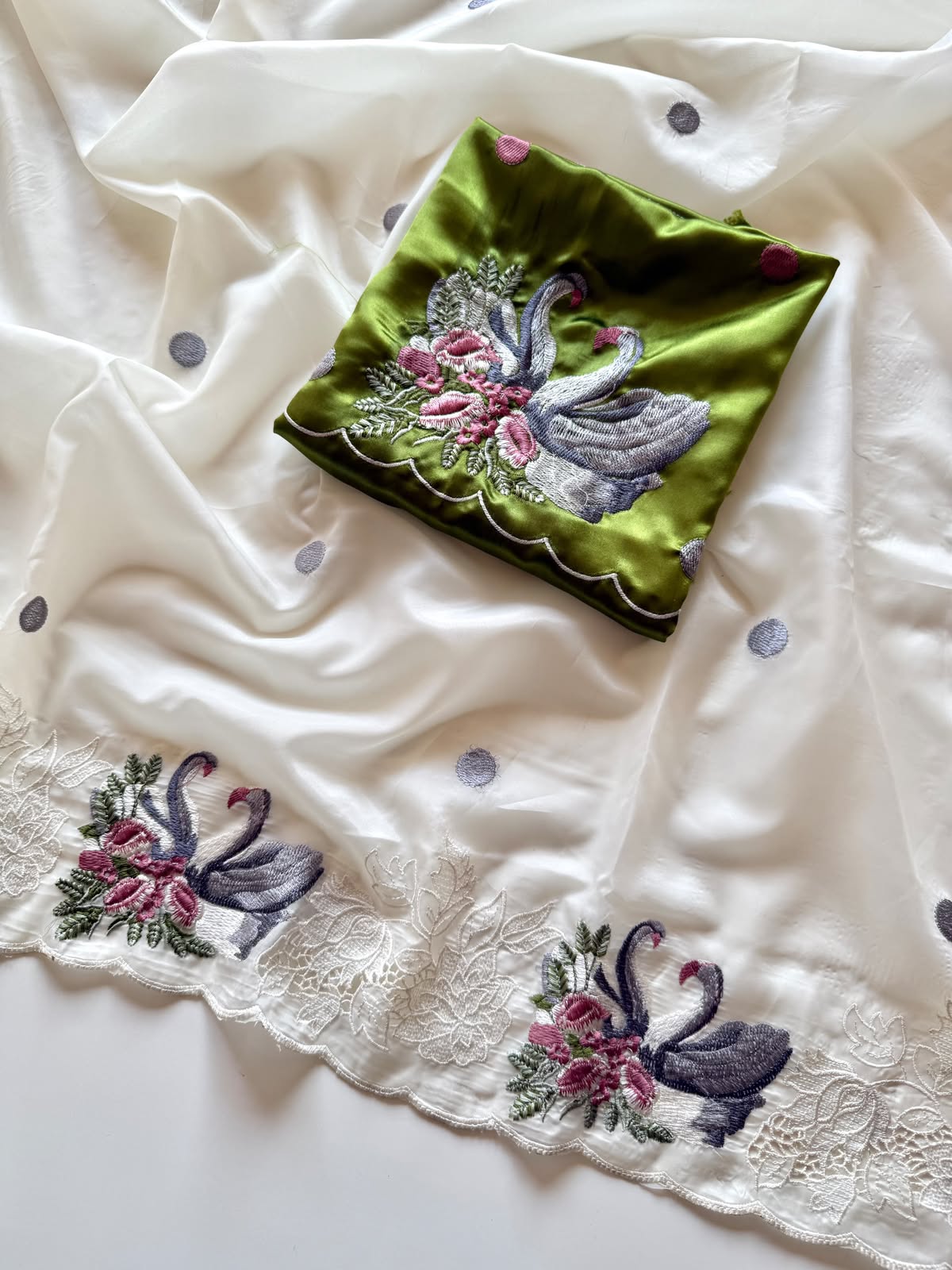 Ivory White Swan Embroidered Crystal Tissue Saree