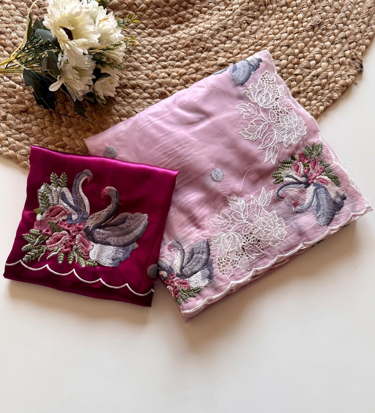 Blush Pink Swan Embroidered Crystal Tissue Saree