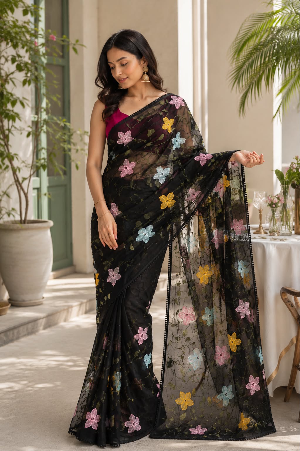 Midnight Bloom Embroidered Georgette Saree