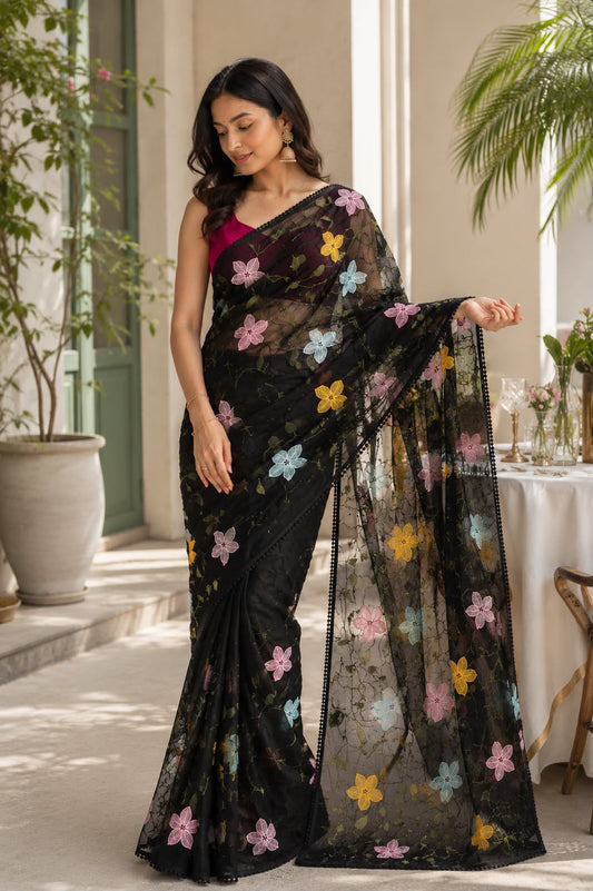 Midnight Bloom Embroidered Georgette Saree