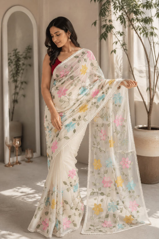 Ivory Blossom Embroidered Georgette Saree