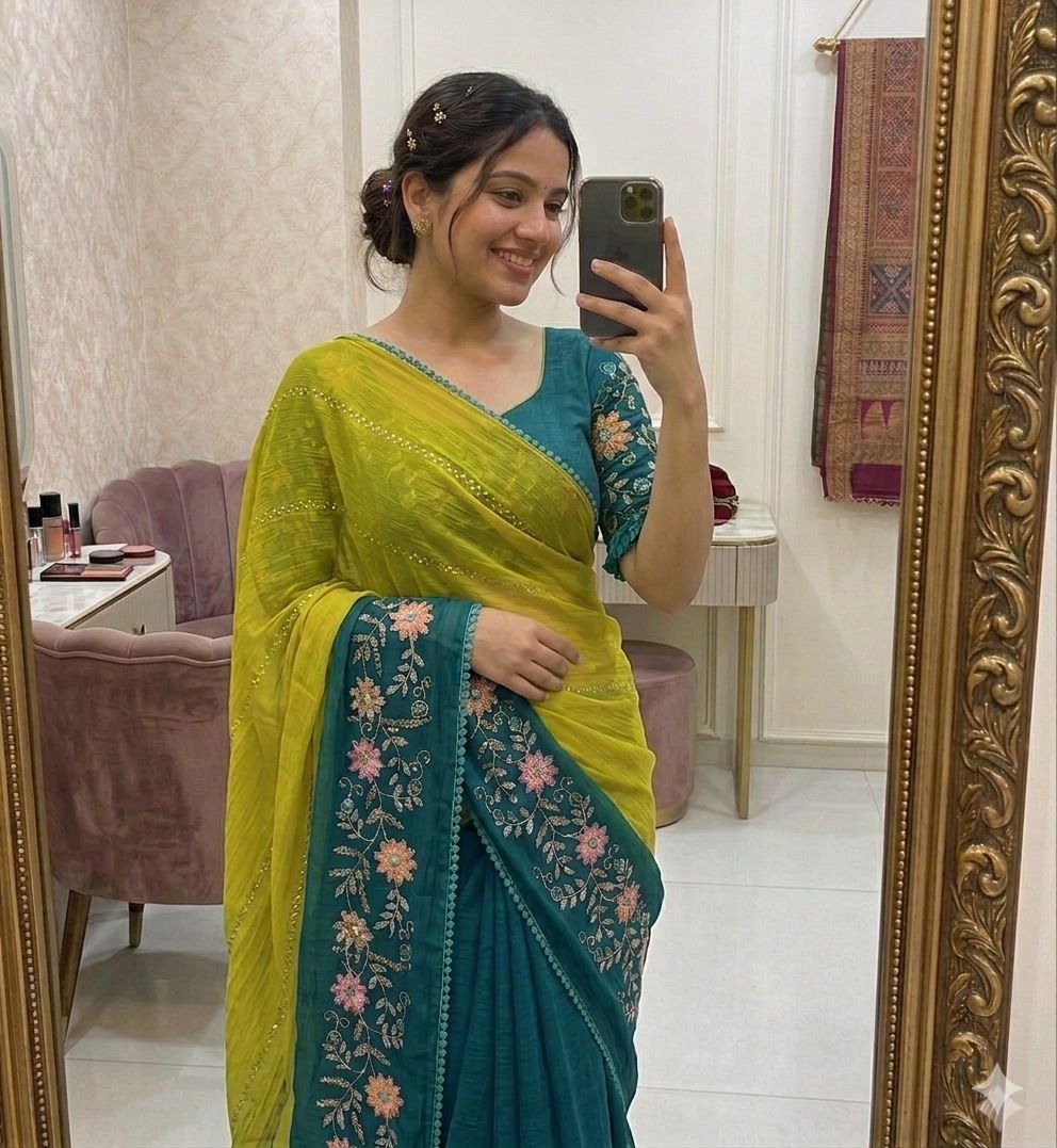 RANGREZ – Lime Teal Floral Embroidered Saree