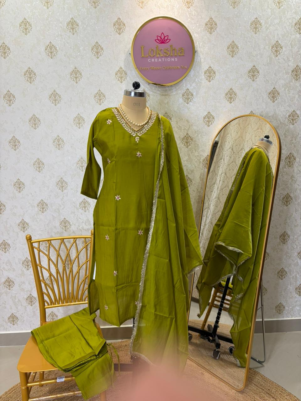 Olive Green Mul-Chanderi Kurta Set - Embroidered Top with Dupatta