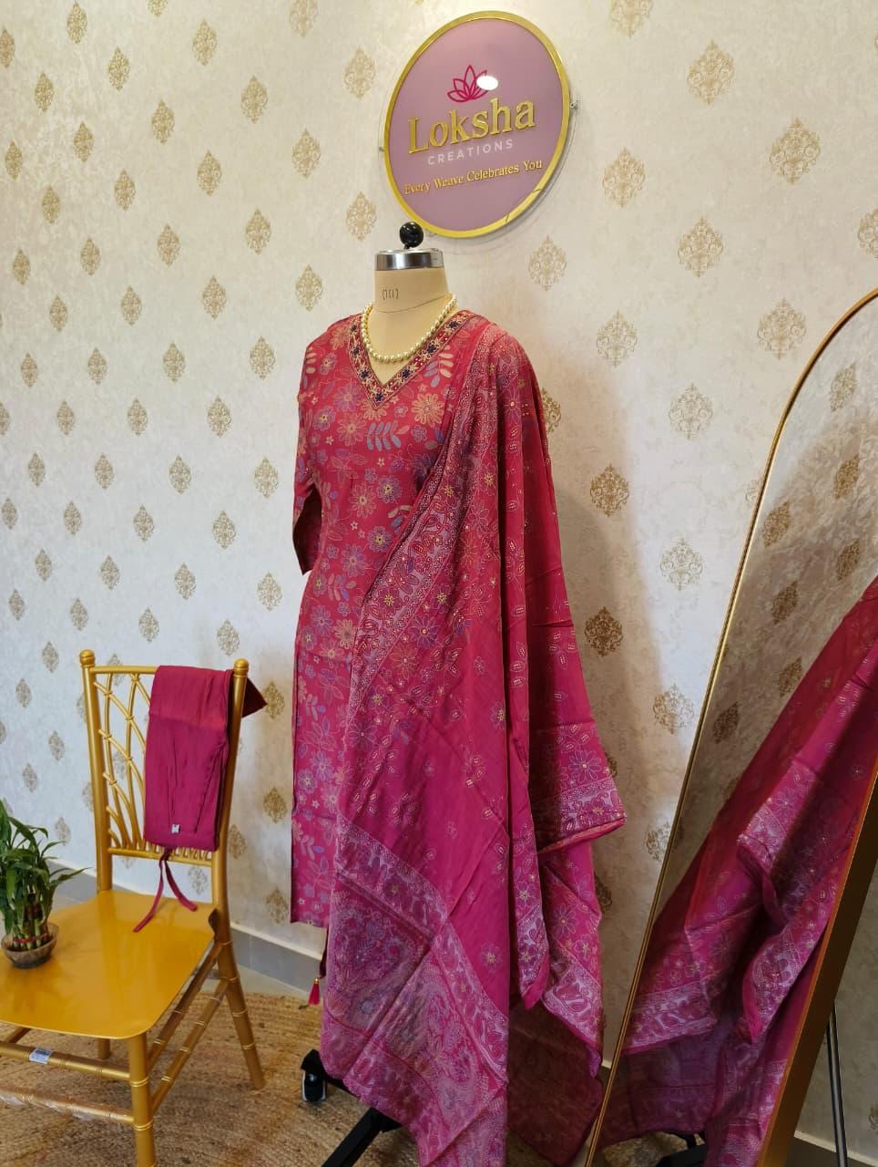 Rani Pink Floral Printed Kurta Set with Dupatta