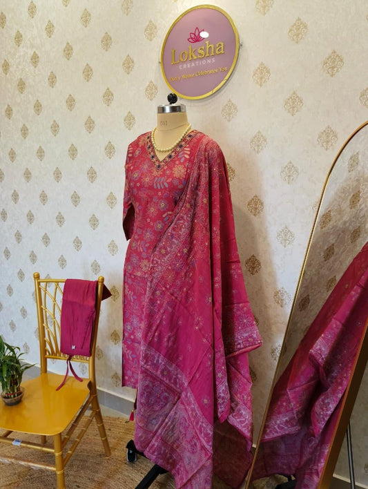 Rani Pink Floral Printed Kurta Set with Dupatta