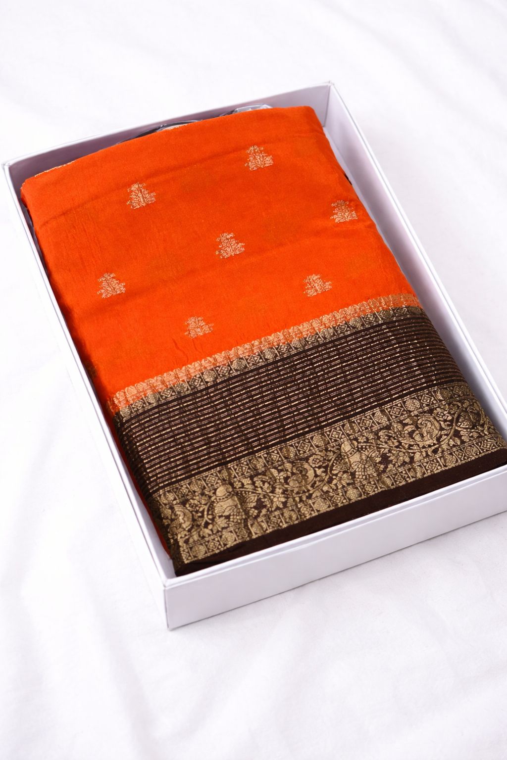 Rust Orange Crape Crush Silk Saree with Coffee Brown Contrast Pallu