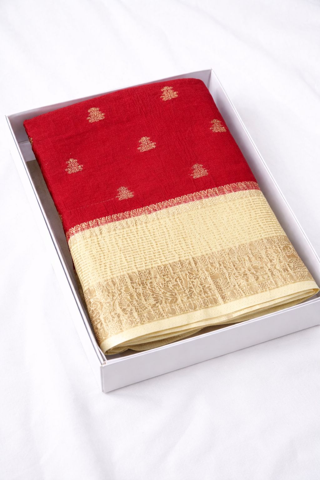Red Crush Silk Saree with Cream Zari Border