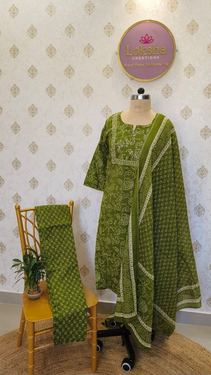 Olive Green Floral Printed Cotton Kurta Set with Dupatta