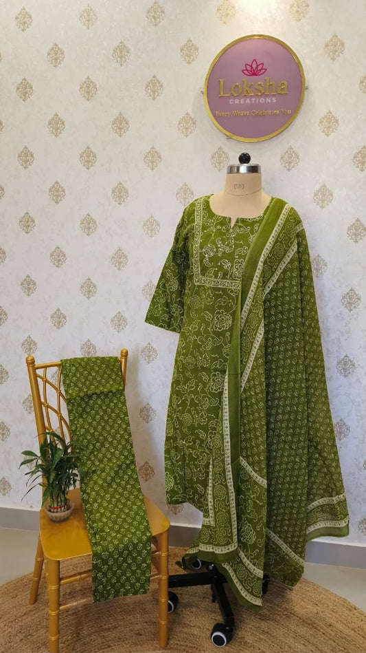 Olive Green Floral Printed Cotton Kurta Set with Dupatta