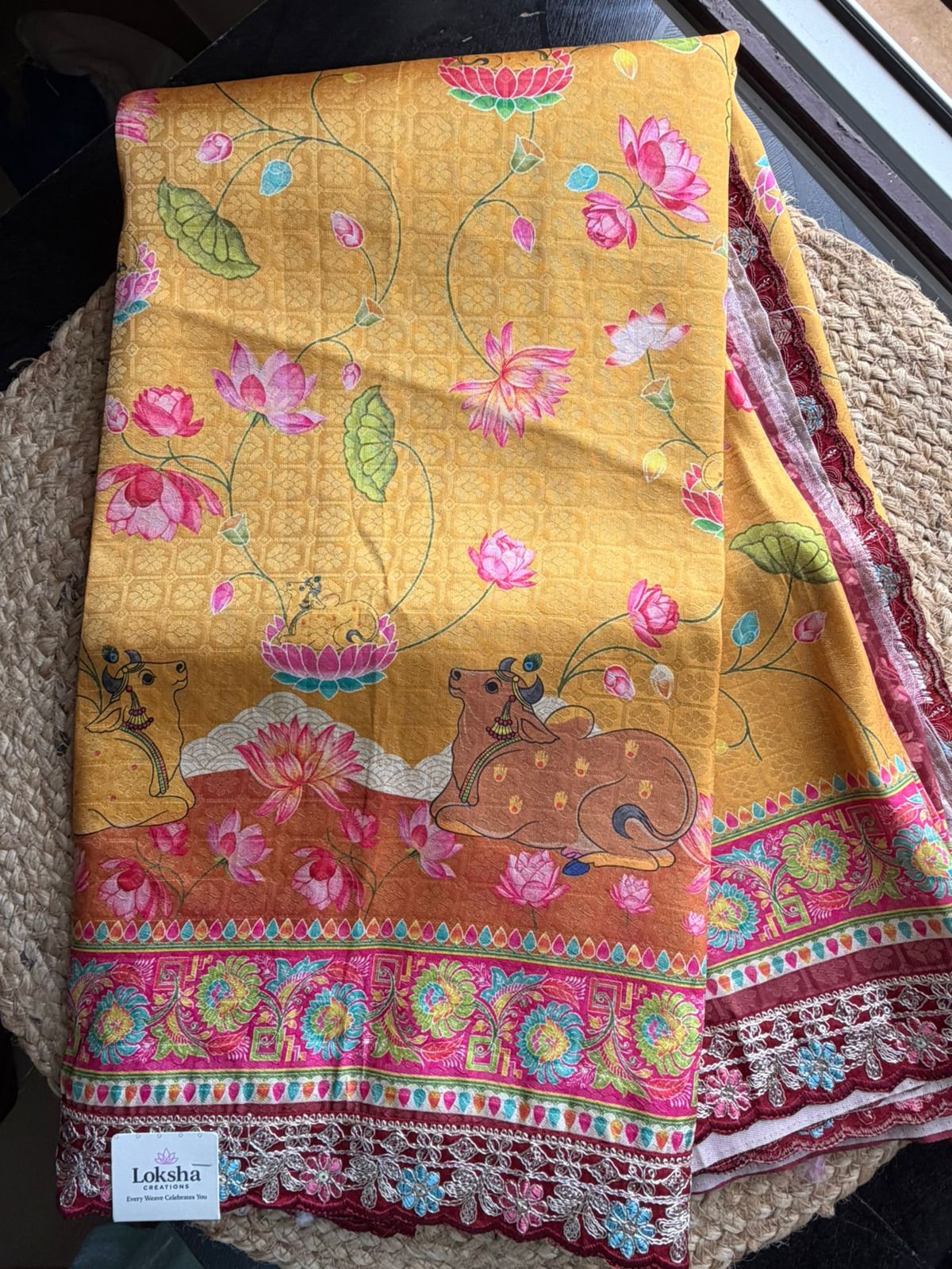 Mustard Gold Pichwai Cow Print Raw Silk Finish Saree with Maroon Contrast Pallu