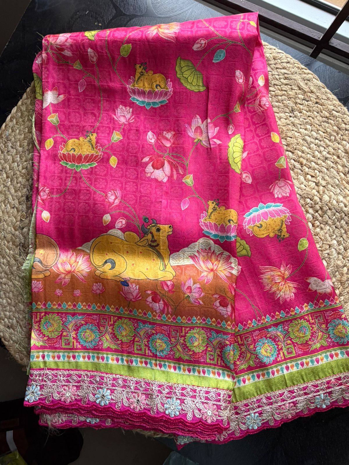 Pink Pichwai Cow Print Raw Silk Finish Saree with Olive Green Pallu