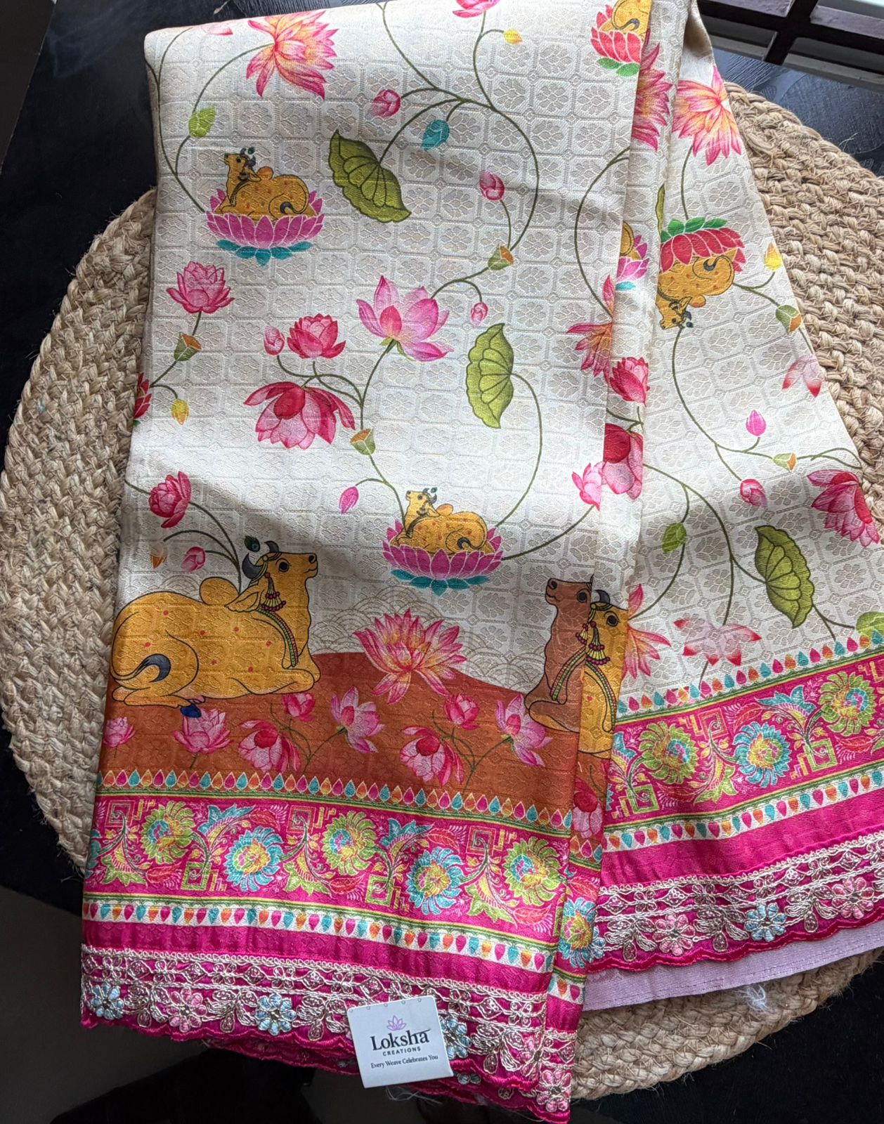Cream Lotus & Cow Pichwai Print Raw Silk Finish Saree with Pink Contrast Pallu