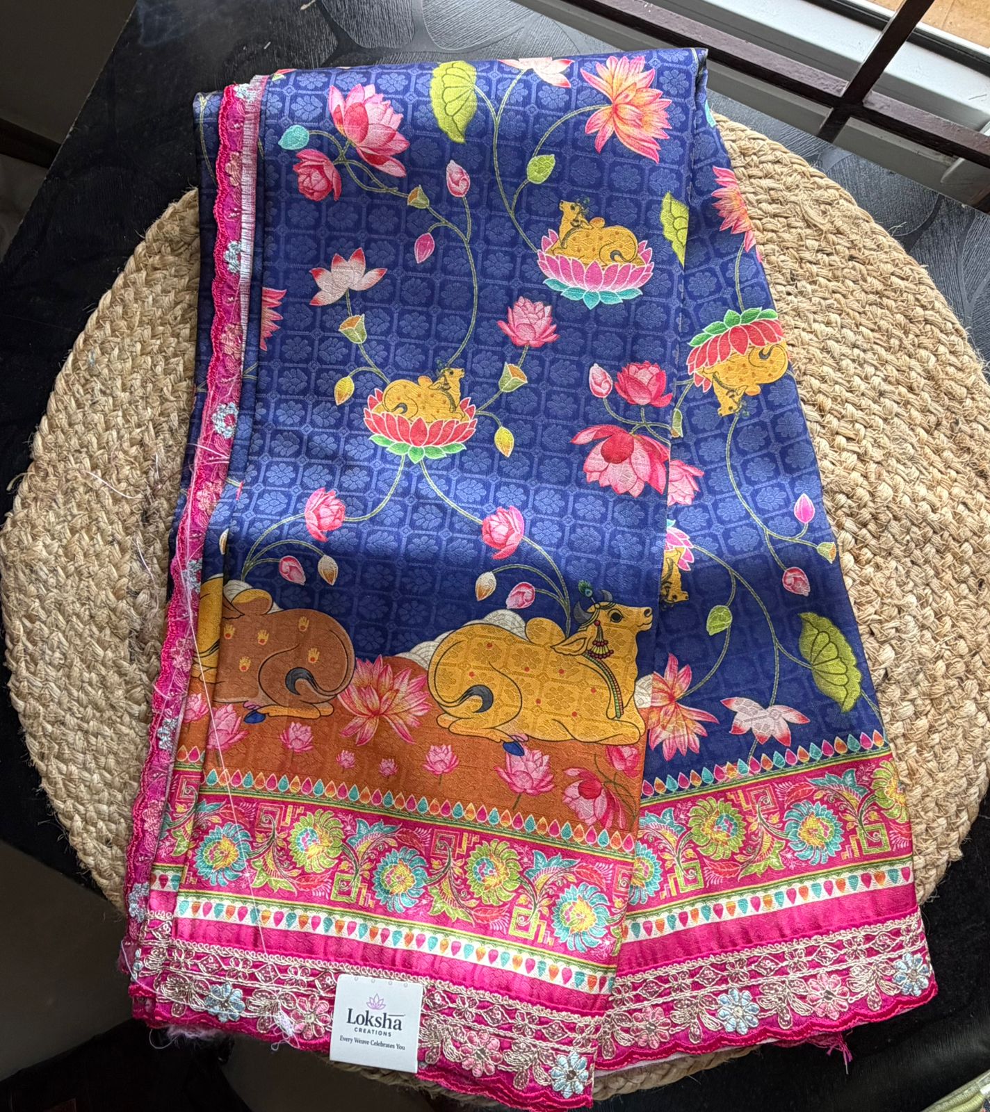 Indigo Pichwai Cow & Peacock Print Raw Silk Finish Saree with Pink Contrast Pallu
