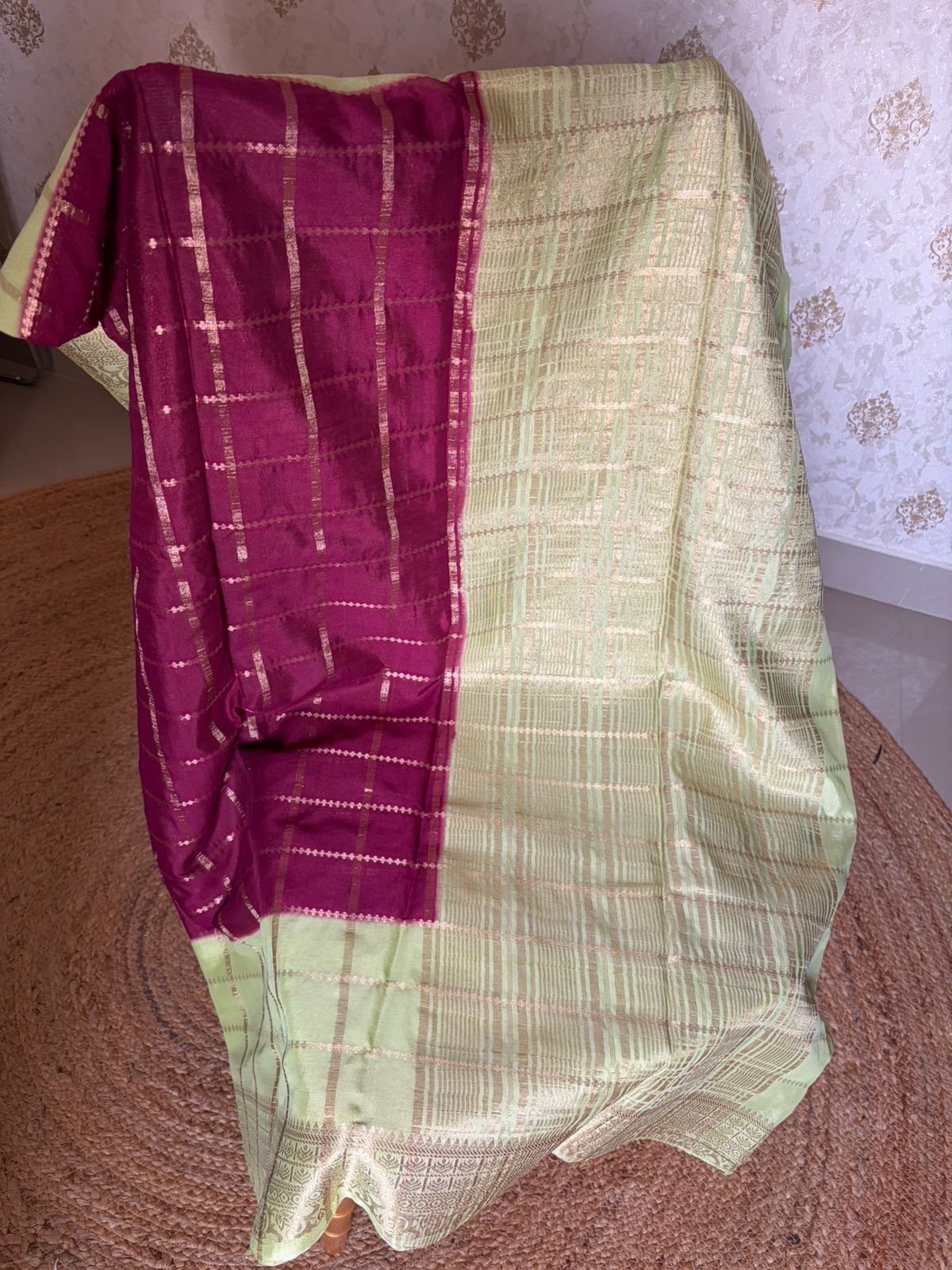 Maya Chex Royal Wine & Mint Green Semi Crepe Saree with Golden Checks