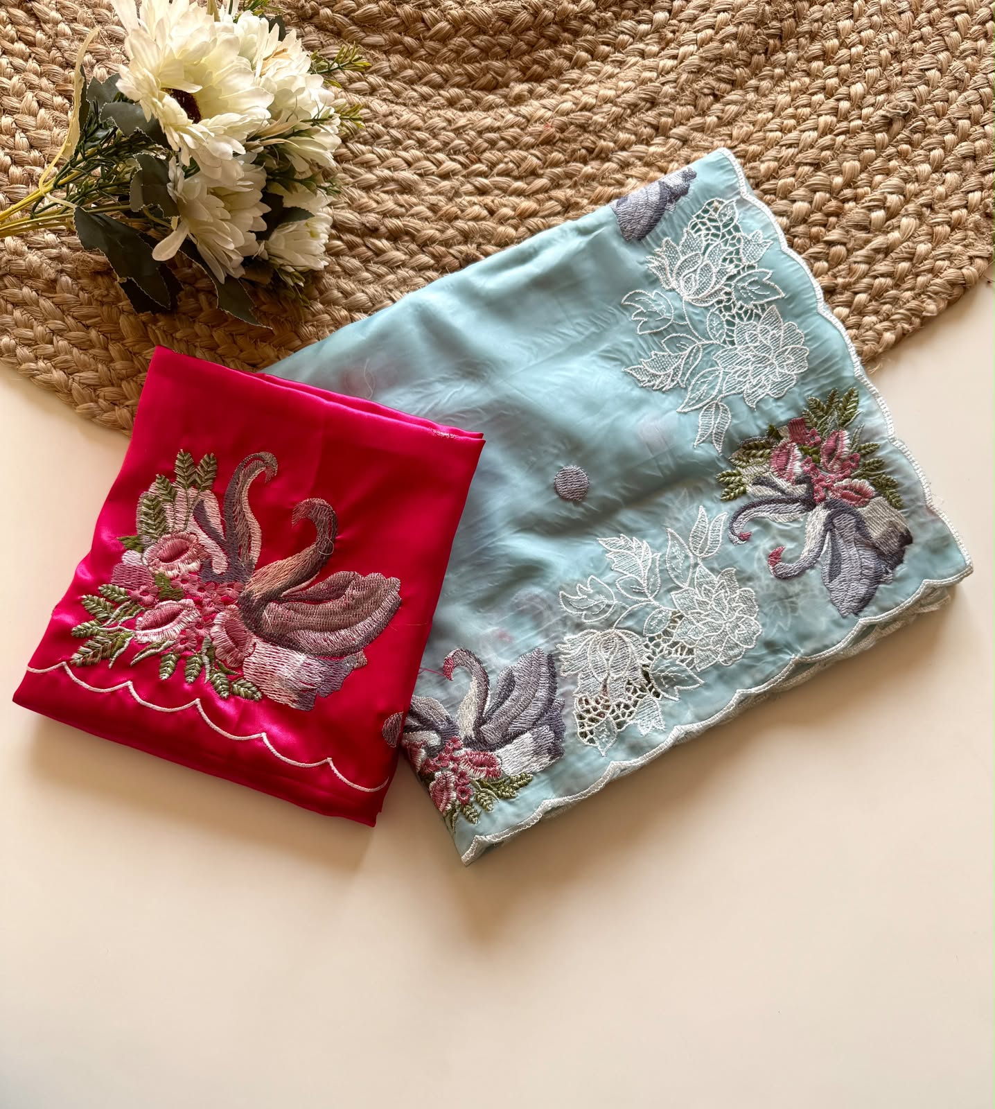 Powder Blue Swan Embroidered Crystal Tissue Saree