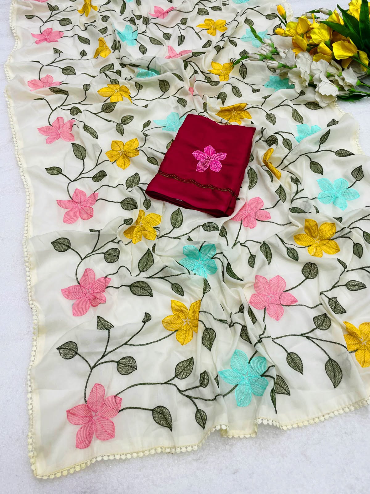 Ivory Blossom Embroidered Georgette Saree