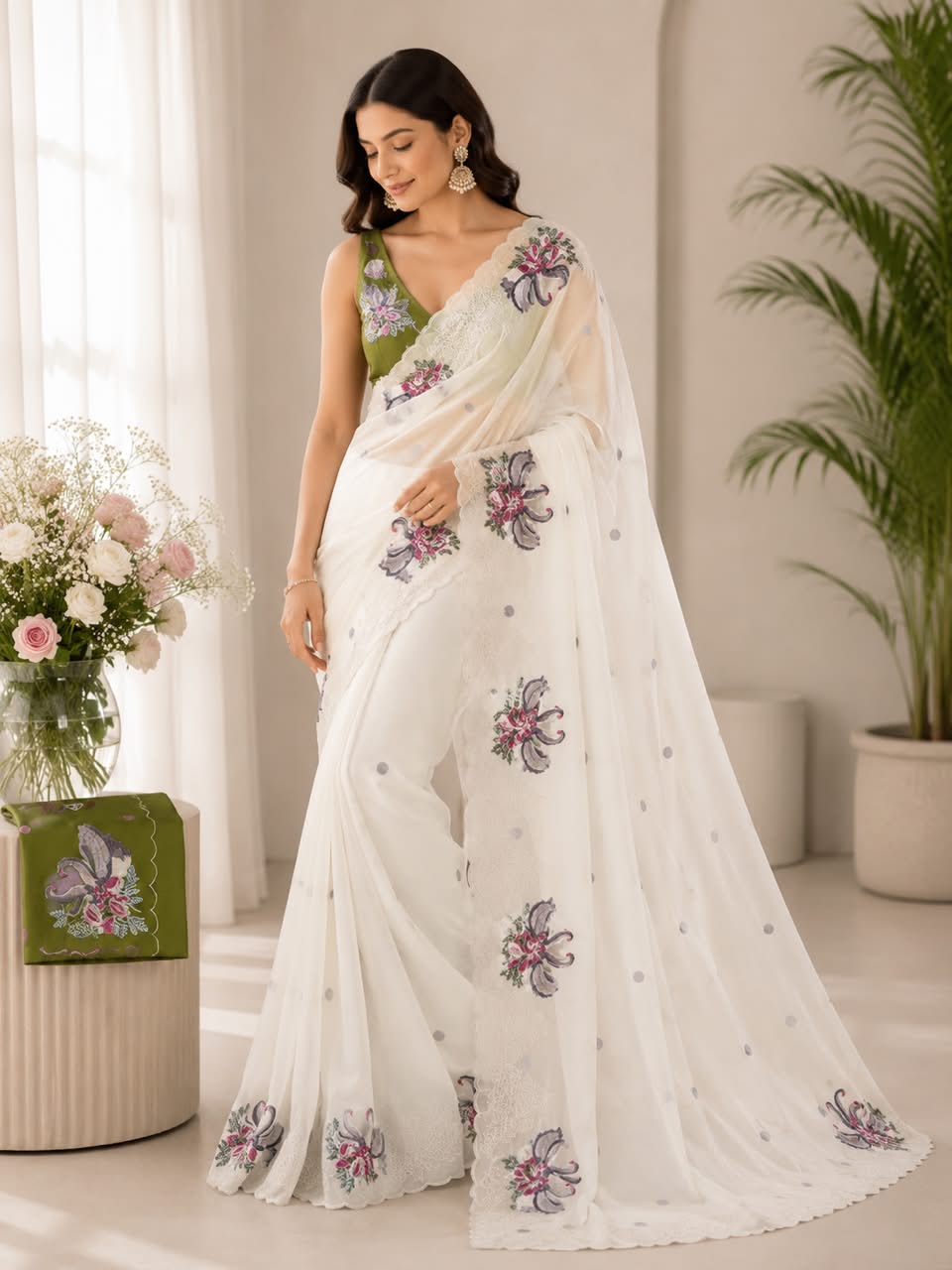 Ivory White Swan Embroidered Crystal Tissue Saree