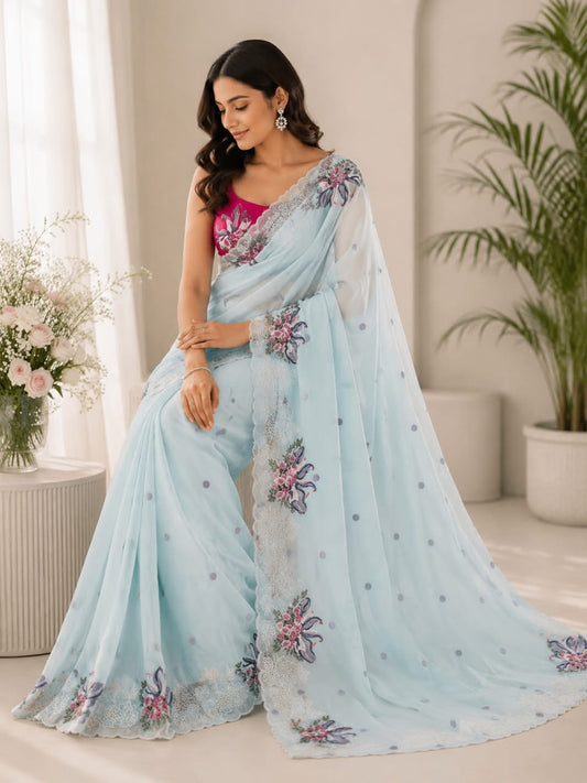 Powder Blue Swan Embroidered Crystal Tissue Saree
