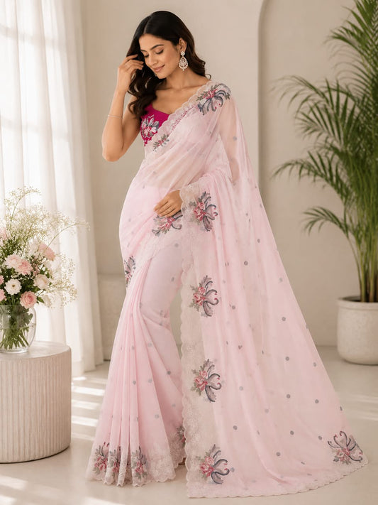 Blush Pink Swan Embroidered Crystal Tissue Saree