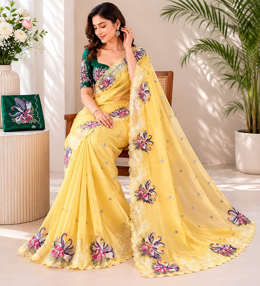 Pastel Yellow Swan Embroidered Crystal Tissue Saree