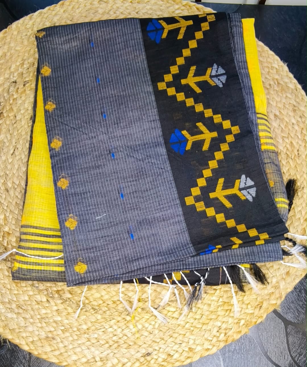 Pallavi Black & Mustard Yellow Handloom Cotton Saree with Contrast Pallu and Tribal Woven Border