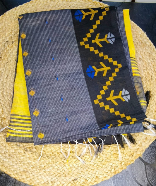 Pallavi Black & Mustard Yellow Handloom Cotton Saree with Contrast Pallu and Tribal Woven Border