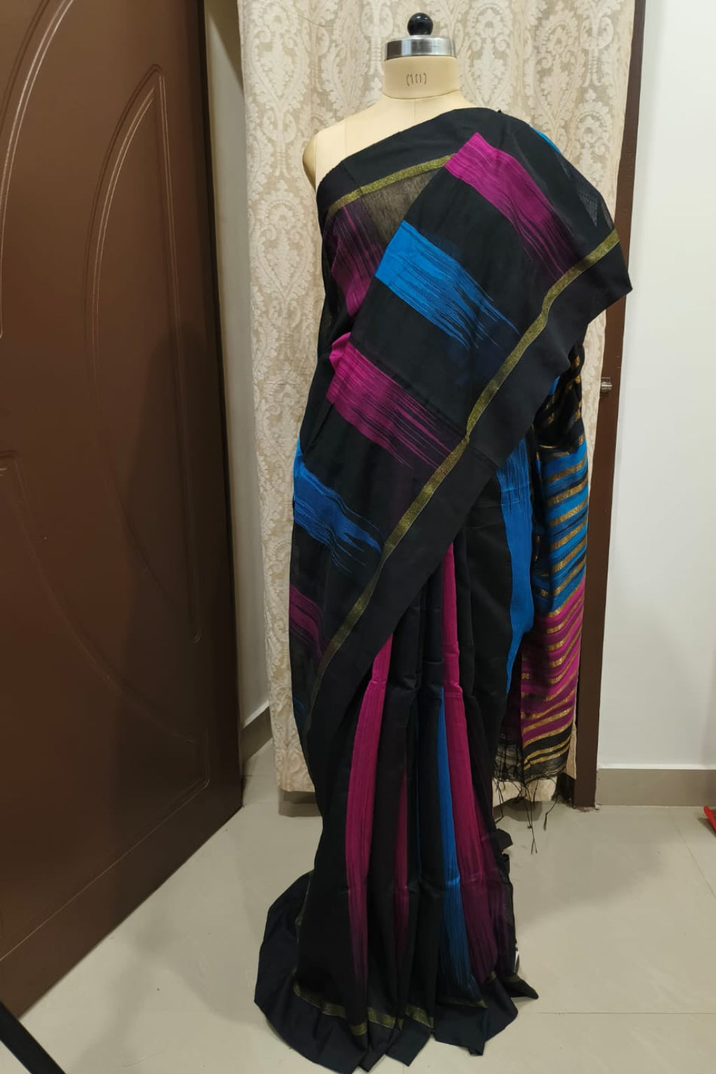 Chitrarekha Black - Turquoise - Pink Cotton Silk Saree with Zari Stripes