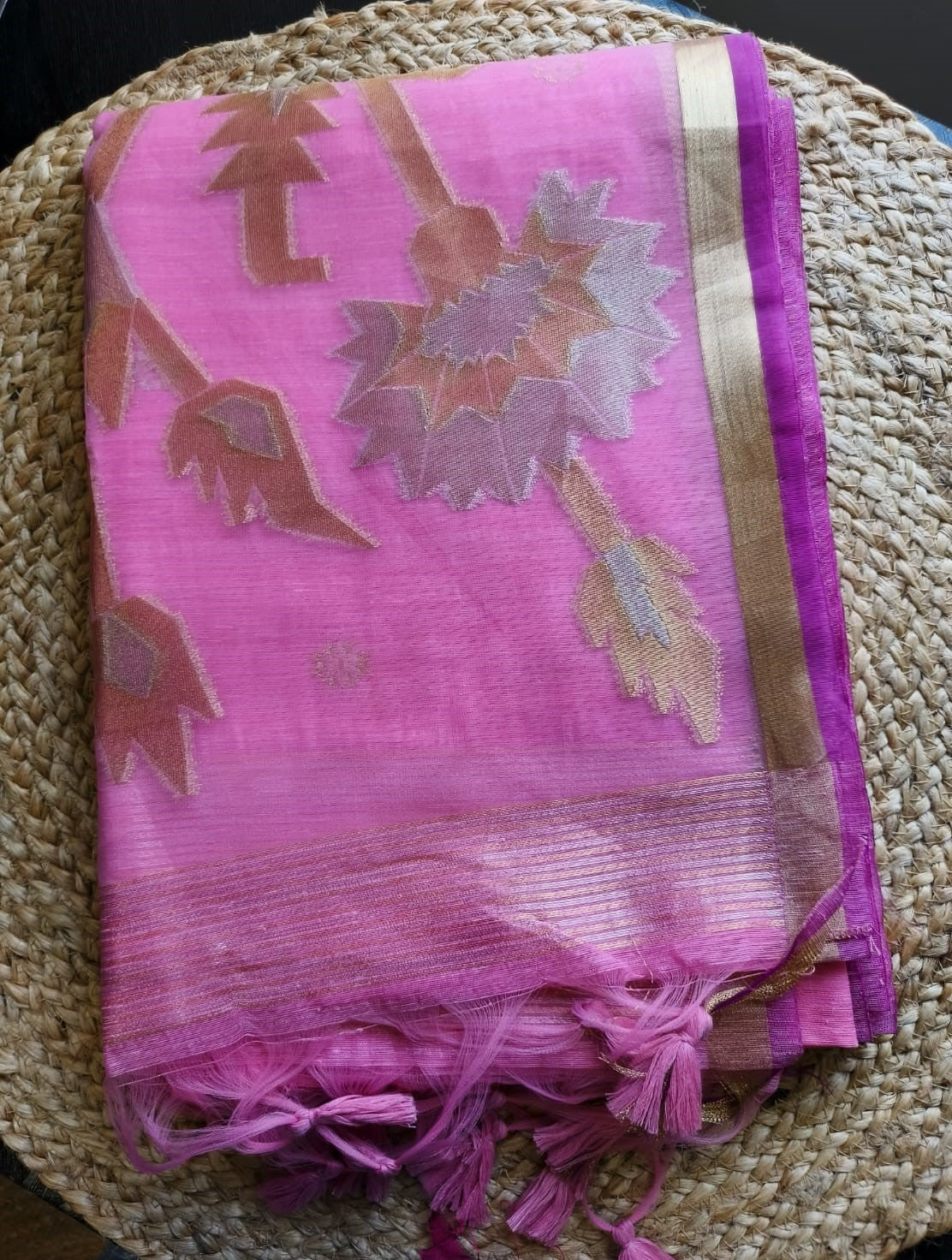 Kaavya Rose Pink Muga Cotton Saree with Sheer Floral Pallu & Gold Border