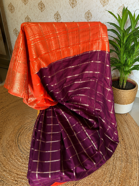 Maya Chex Royal Purple & Coral Semi Crepe Saree with Golden Checks