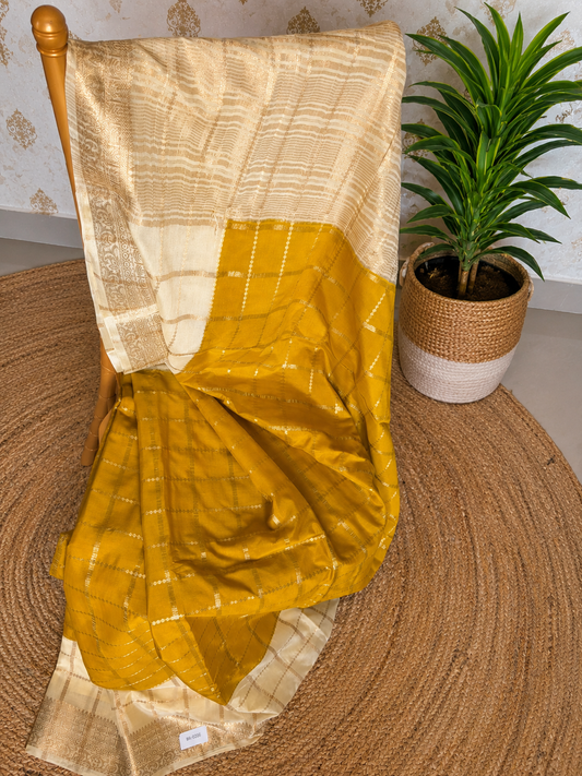Maya Chex Mustard Yellow Semi Crepe Saree with Ivory Zari Checks