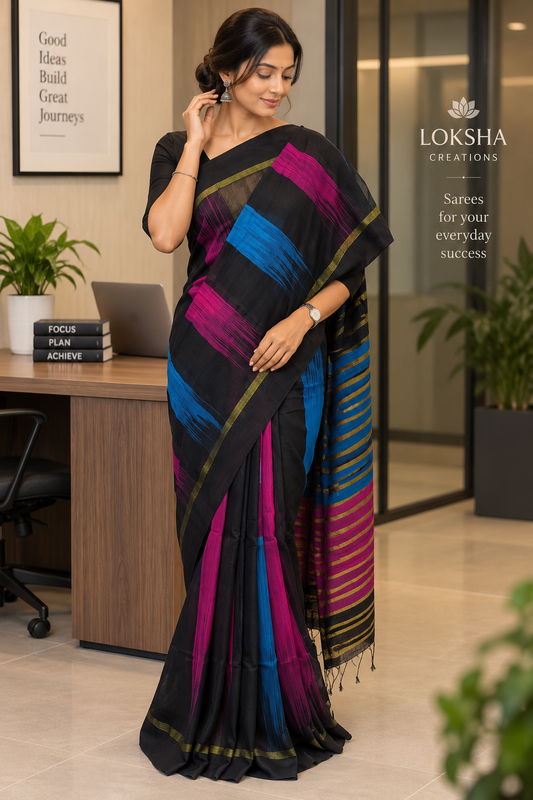 Chitrarekha Black - Turquoise - Pink Cotton Silk Saree with Zari Stripes