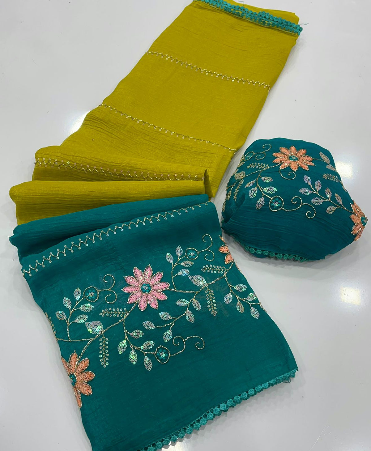 RANGREZ – Lime Teal Floral Embroidered Saree