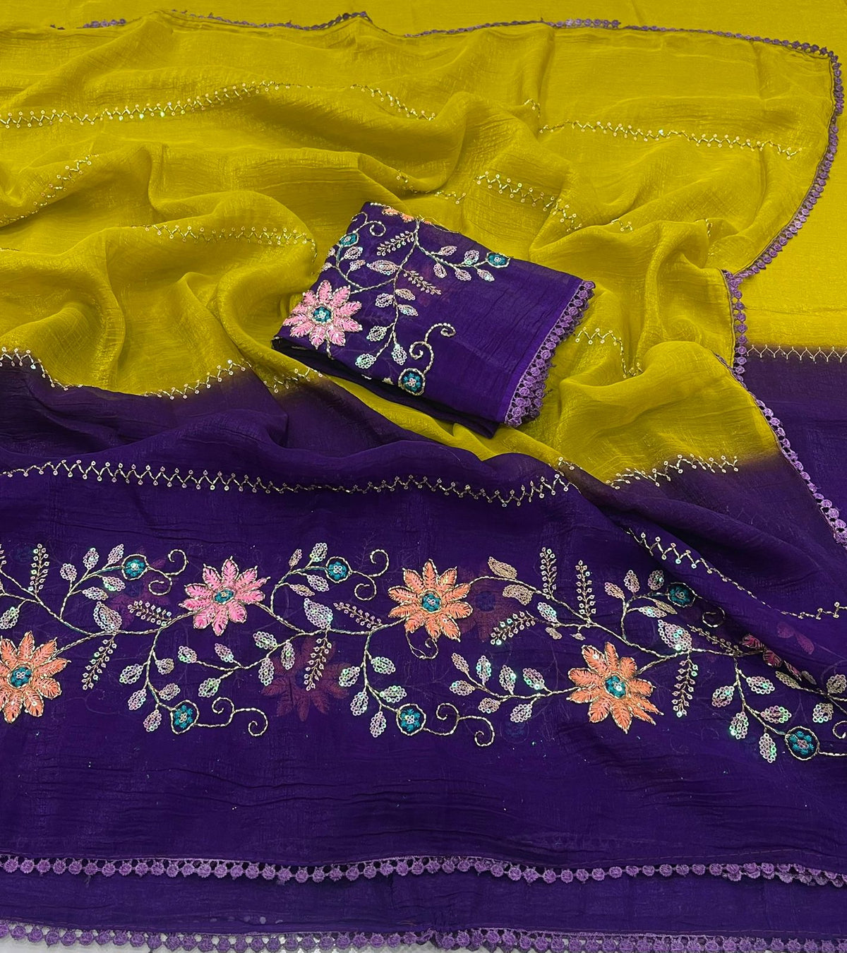 RANGREZ – Lime Purple Floral Embroidered Saree