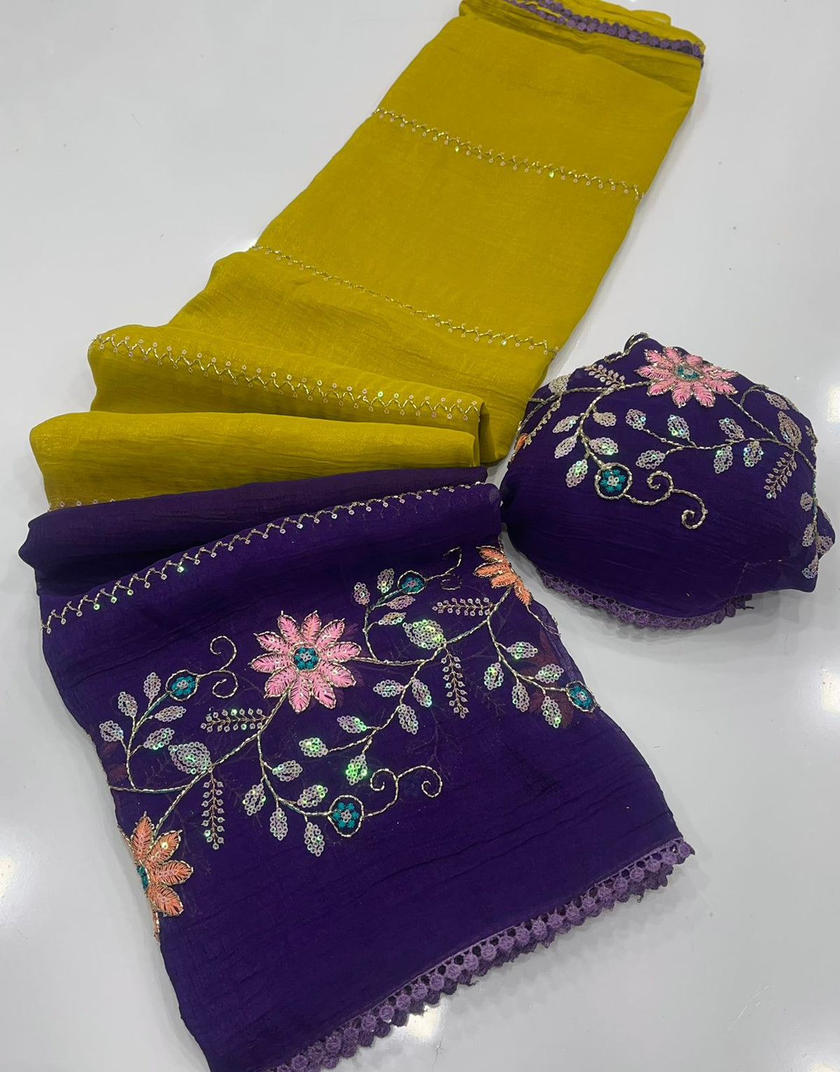 RANGREZ – Lime Purple Floral Embroidered Saree
