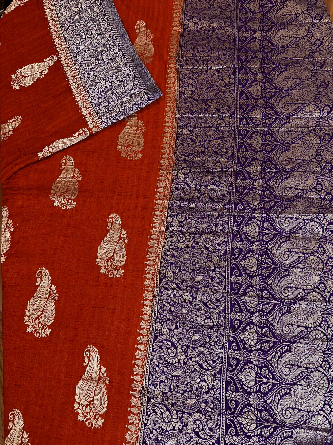 KASHIKA – Rust Orange - Royal Blue Premium Georgette Banaras Saree