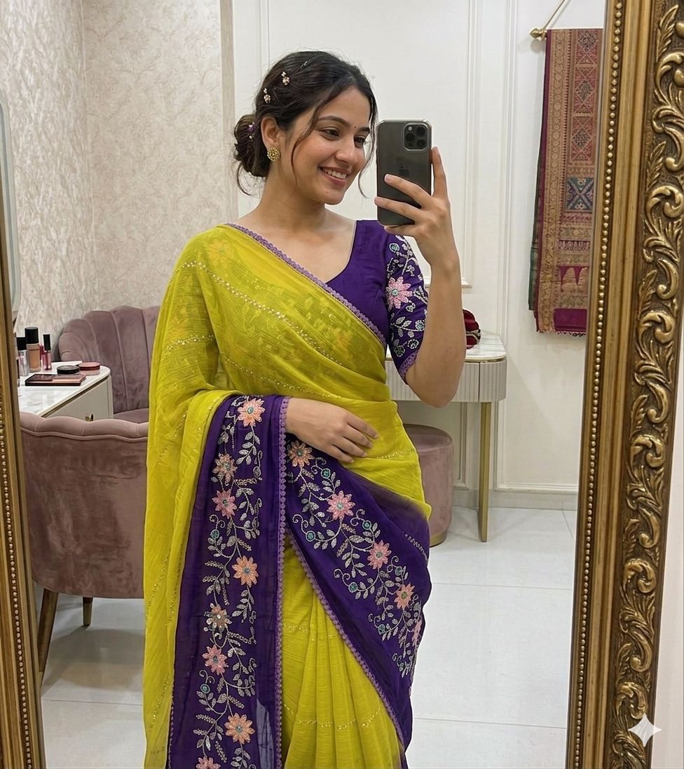 RANGREZ – Lime Purple Floral Embroidered Saree